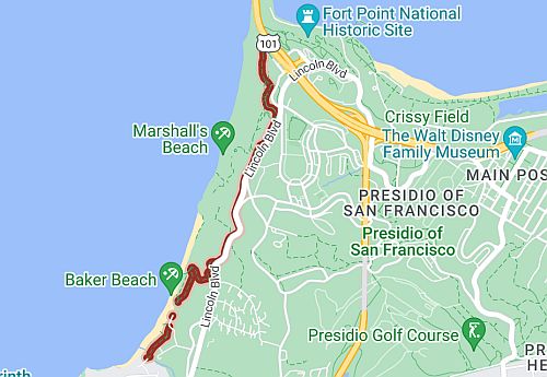 Stealth camping in the Presidio is a gamble at best with my bike and gear. Image - Google Maps...